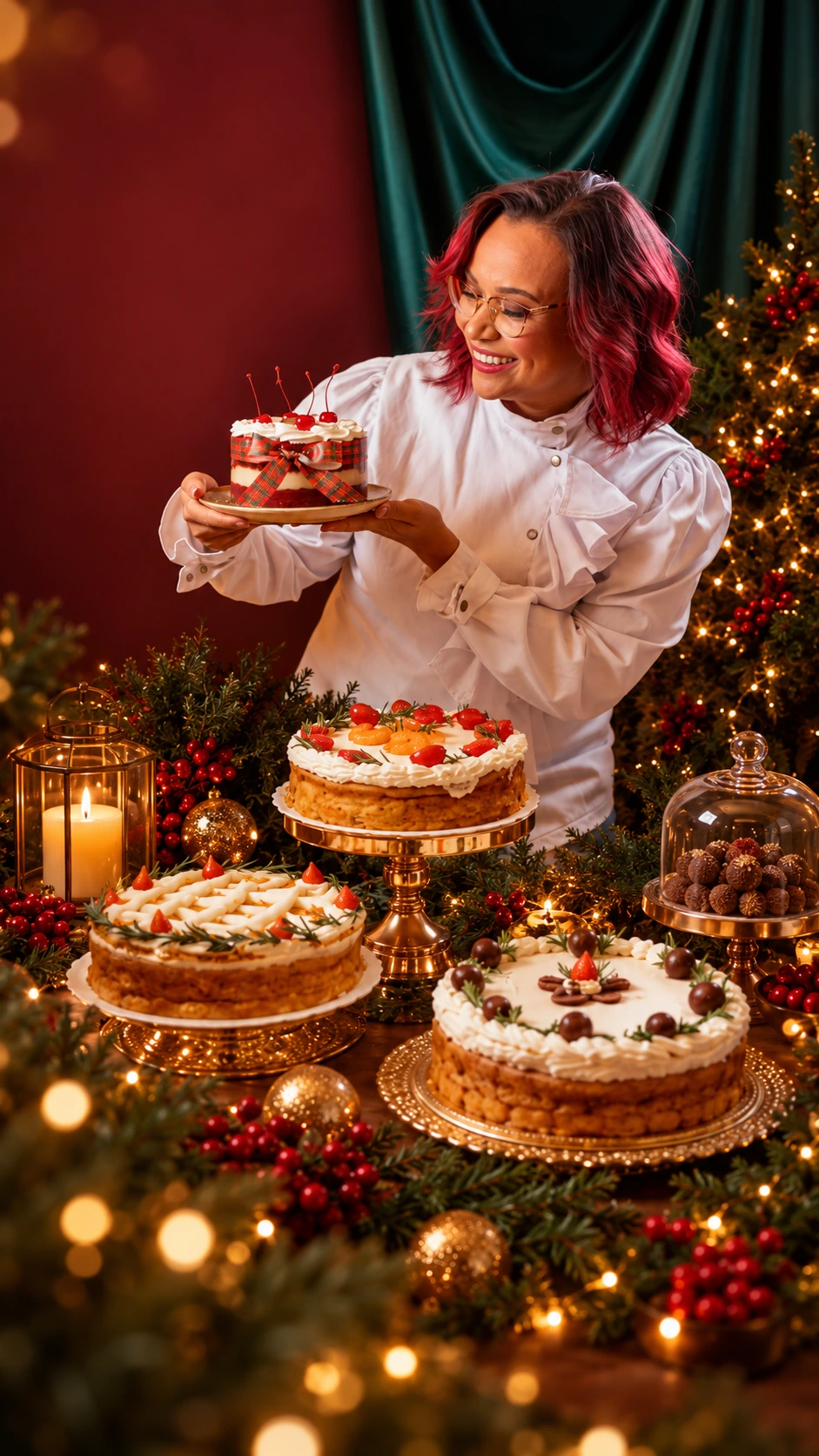 Rosi França com as tortas e sobremesas de Natal da Rôof na mesa decorada
