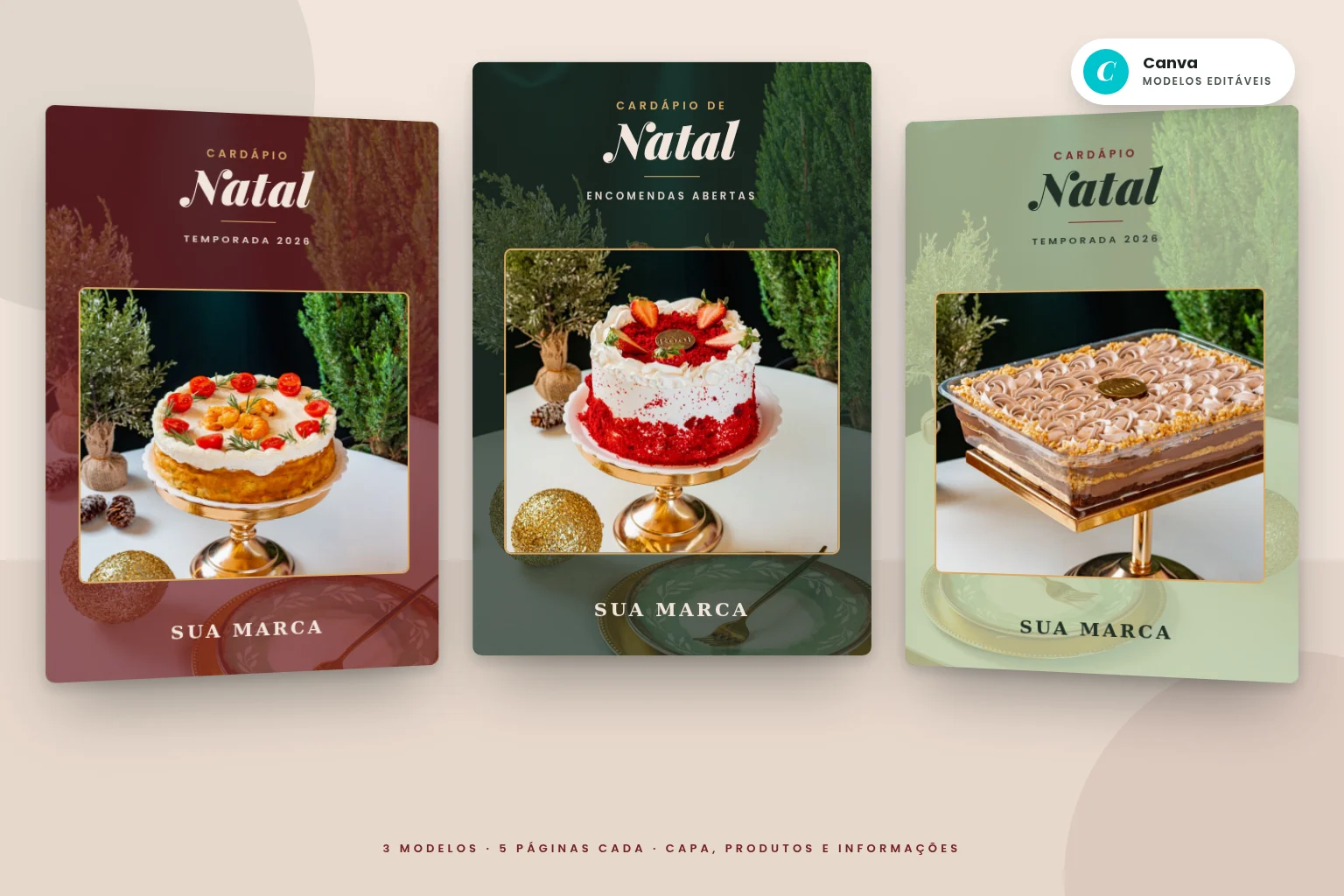 Três modelos de cardápio de Natal da Rôof, editáveis no Canva
